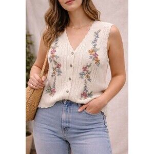 Vintage Knit Sweater Vest Floral Embroidered Button Front Boho Cottagecore